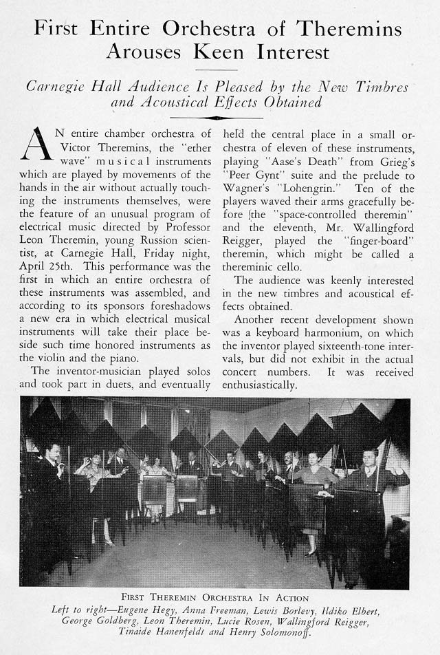 Scan of 1932 newspaper article on the Theremin Orchestra at Carnegie Hall